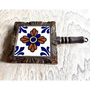 1960s Vintage Hand Painted Mexican Tile Hand Carved Trivet